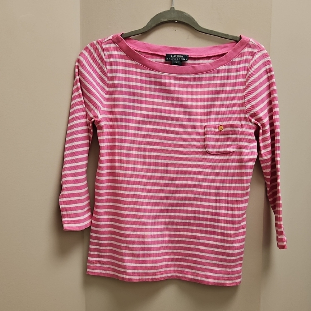 Ralph Lauren Pink and White Striped 3/4 Length Sleeve Tee